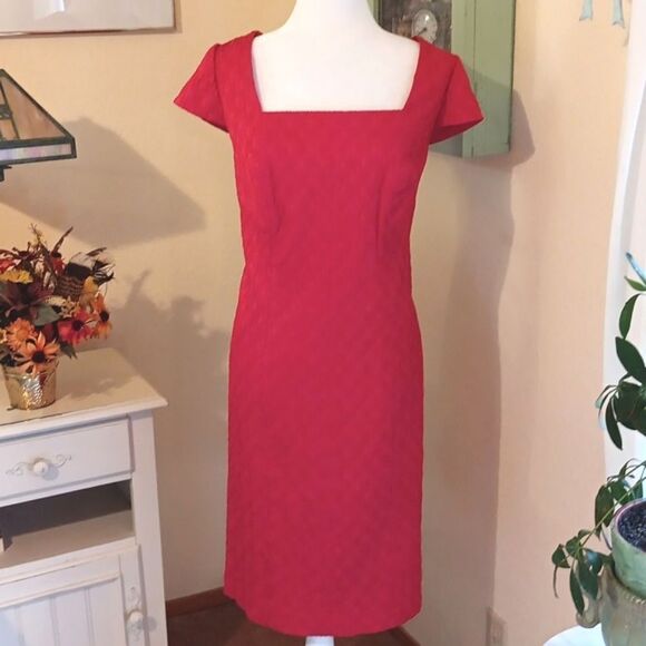 Adrianna Papell Square Neckline Jacquard Dress.Textured, Classic Red, Holiday - Picture 2 of 9